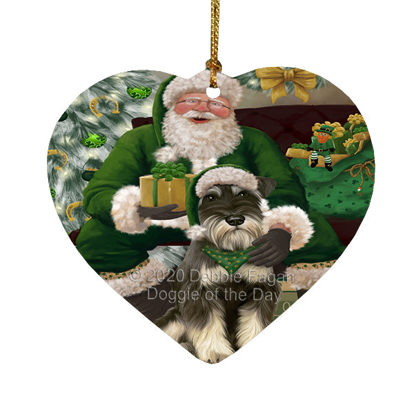 Christmas Irish Santa with Gift and Schnauzer Dog Heart Christmas Ornament RFPOR58308