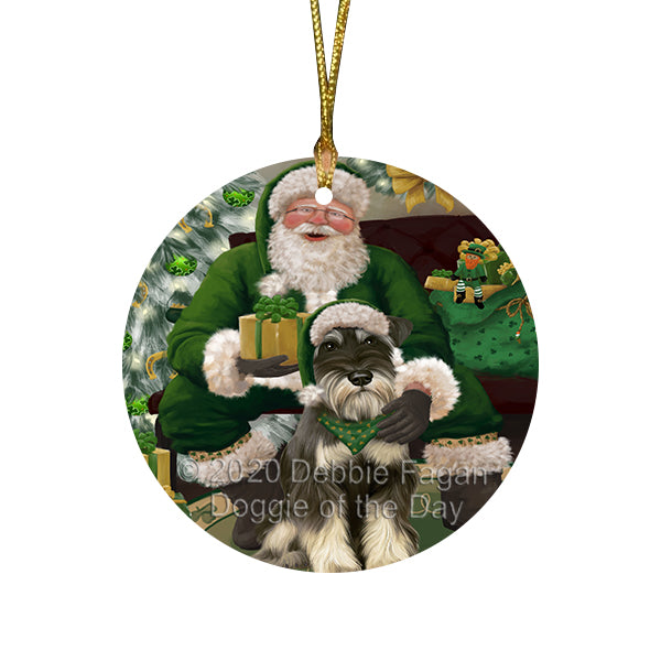 Christmas Irish Santa with Gift and Russian Blue Cat Round Flat Christmas Ornament RFPOR57964