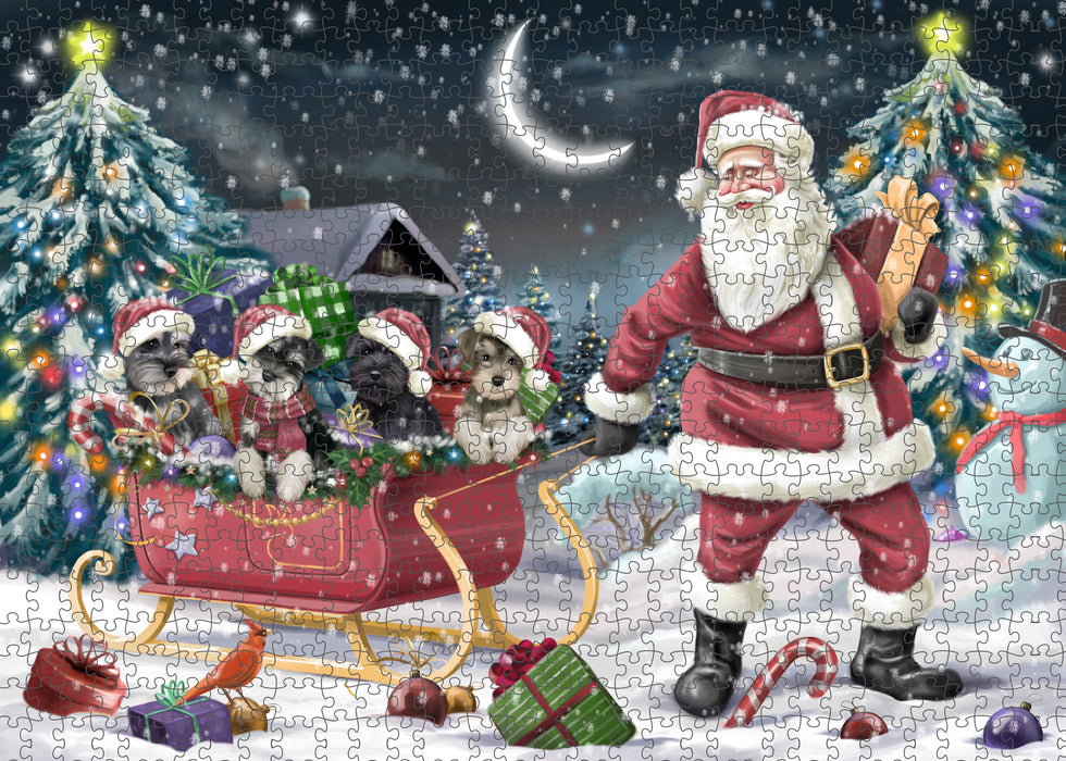 Christmas Santa Sled Schnauzer Dogs Portrait Jigsaw Puzzle for Adults Animal Interlocking Puzzle Game Unique Gift for Dog Lover's with Metal Tin Box