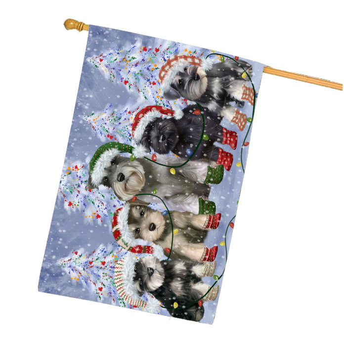 Christmas Lights and Schnauzer Dogs House Flag Outdoor Decorative Double Sided Pet Portrait Weather Resistant Premium Quality Animal Printed Home Decorative Flags 100% Polyester