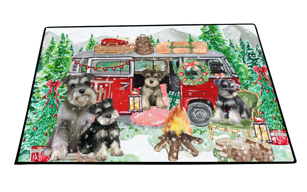 Christmas Time Camping with Schnauzer Dogs Floor Mat- Anti-Slip Pet Door Mat Indoor Outdoor Front Rug Mats for Home Outside Entrance Pets Portrait Unique Rug Washable Premium Quality Mat