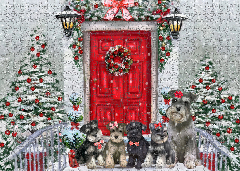 Christmas Holiday Welcome Schnauzer Dogs Portrait Jigsaw Puzzle for Adults Animal Interlocking Puzzle Game Unique Gift for Dog Lover's with Metal Tin Box