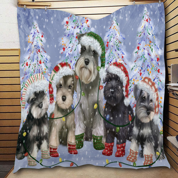 Christmas Lights and Schnauzer Dogs  Quilt Bed Coverlet Bedspread - Pets Comforter Unique One-side Animal Printing - Soft Lightweight Durable Washable Polyester Quilt