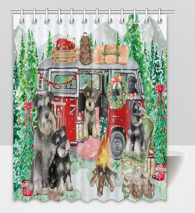 Christmas Time Camping with Schnauzer Dogs Shower Curtain Pet Painting Bathtub Curtain Waterproof Polyester One-Side Printing Decor Bath Tub Curtain for Bathroom with Hooks