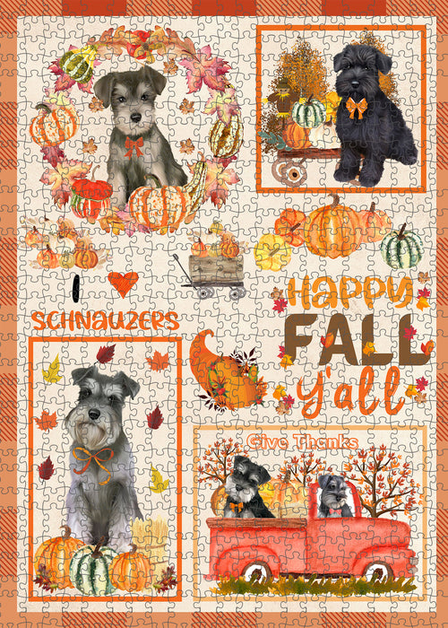 Happy Fall Y'all Pumpkin Schnauzer Dogs Portrait Jigsaw Puzzle for Adults Animal Interlocking Puzzle Game Unique Gift for Dog Lover's with Metal Tin Box