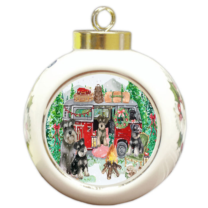Christmas Time Camping with Schnauzer Dogs Round Ball Christmas Ornament Pet Decorative Hanging Ornaments for Christmas X-mas Tree Decorations - 3" Round Ceramic Ornament