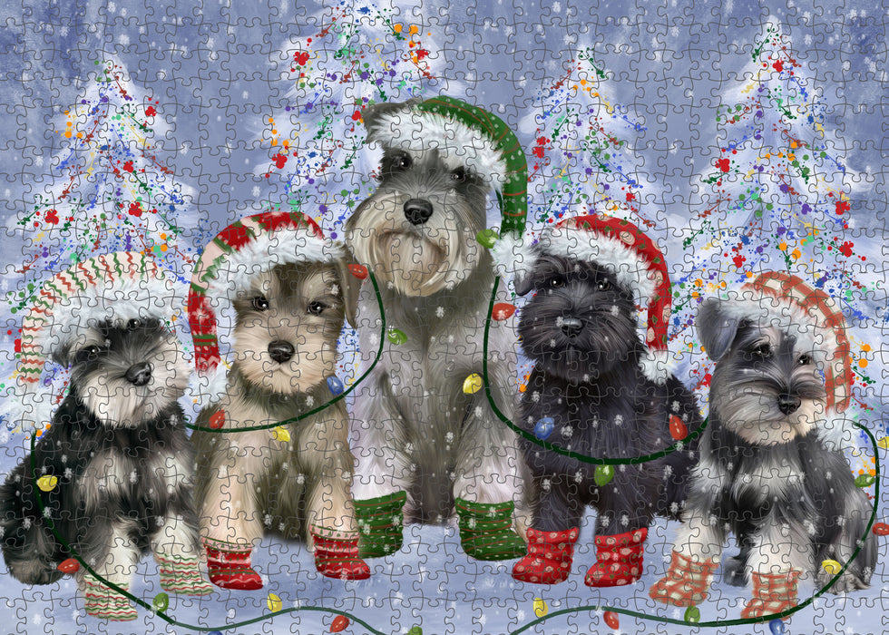 Christmas Lights and Schnauzer Dogs Portrait Jigsaw Puzzle for Adults Animal Interlocking Puzzle Game Unique Gift for Dog Lover's with Metal Tin Box