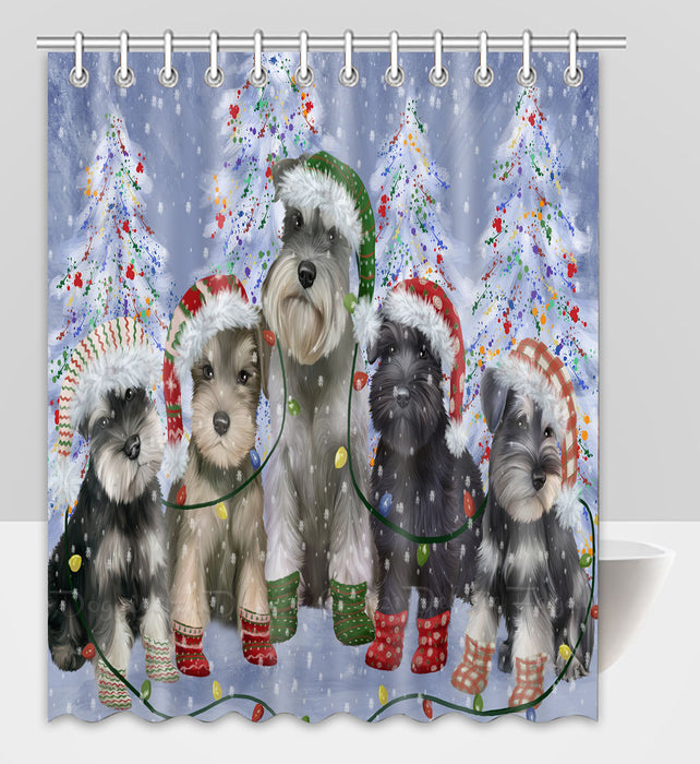 Christmas Lights and Schnauzer Dogs Shower Curtain Pet Painting Bathtub Curtain Waterproof Polyester One-Side Printing Decor Bath Tub Curtain for Bathroom with Hooks