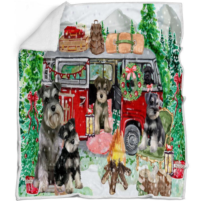 Christmas Time Camping with Schnauzer Dogs Blanket - Lightweight Soft Cozy and Durable Bed Blanket - Animal Theme Fuzzy Blanket for Sofa Couch