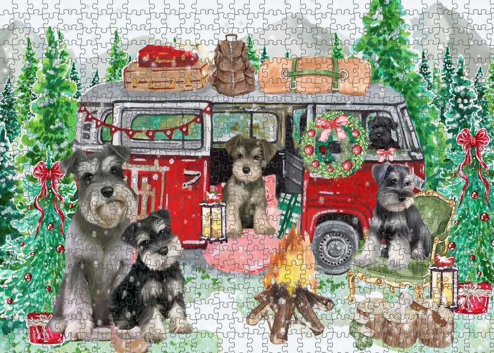 Christmas Time Camping with Schnauzer Dogs Portrait Jigsaw Puzzle for Adults Animal Interlocking Puzzle Game Unique Gift for Dog Lover's with Metal Tin Box