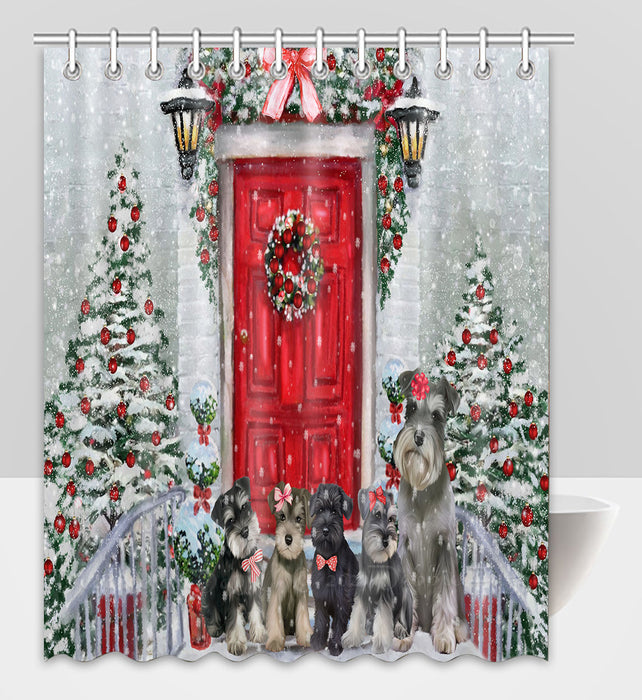 Christmas Holiday Welcome Schnauzer Dogs Shower Curtain Pet Painting Bathtub Curtain Waterproof Polyester One-Side Printing Decor Bath Tub Curtain for Bathroom with Hooks