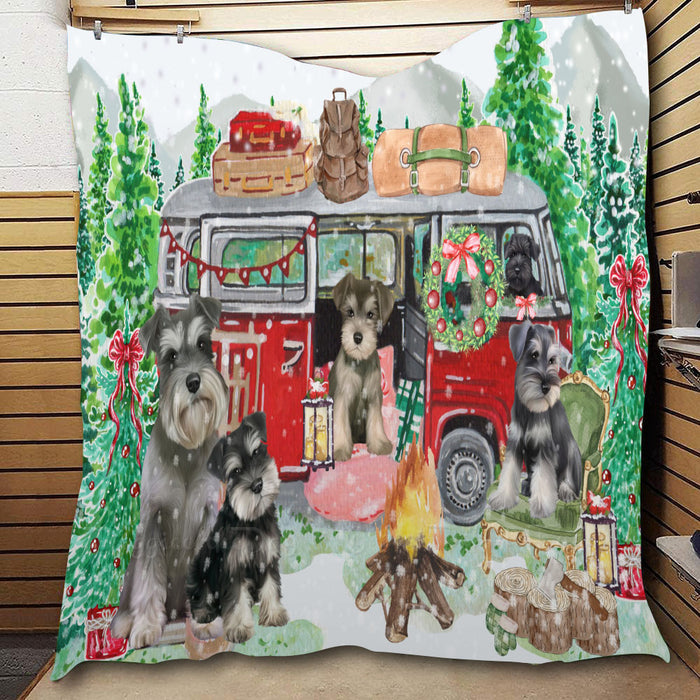Christmas Time Camping with Schnauzer Dogs  Quilt Bed Coverlet Bedspread - Pets Comforter Unique One-side Animal Printing - Soft Lightweight Durable Washable Polyester Quilt