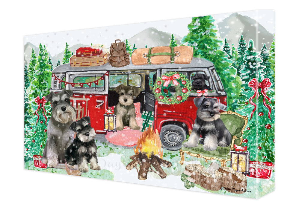 Christmas Time Camping with Schnauzer Dogs Canvas Wall Art - Premium Quality Ready to Hang Room Decor Wall Art Canvas - Unique Animal Printed Digital Painting for Decoration