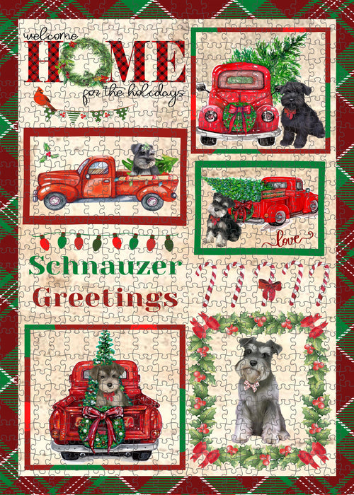 Welcome Home for Christmas Holidays Schnauzer Dogs Portrait Jigsaw Puzzle for Adults Animal Interlocking Puzzle Game Unique Gift for Dog Lover's with Metal Tin Box