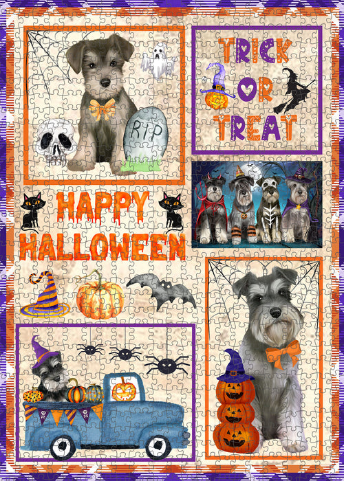 Happy Halloween Trick or Treat Schnauzer Dogs Portrait Jigsaw Puzzle for Adults Animal Interlocking Puzzle Game Unique Gift for Dog Lover's with Metal Tin Box