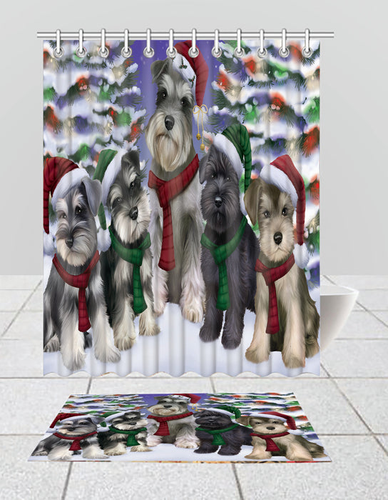 Schnauzer Dogs Christmas Family Portrait in Holiday Scenic Background  Bath Mat and Shower Curtain Combo
