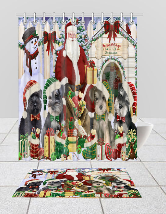 Happy Holidays Christmas Schnauzer Dogs House Gathering Bath Mat and Shower Curtain Combo