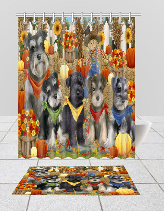 Fall Festive Harvest Time Gathering Schnauzer Dogs Bath Mat and Shower Curtain Combo