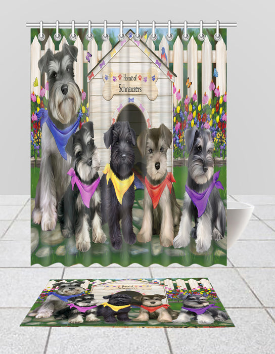 Spring Dog House Schnauzer Dogs Bath Mat and Shower Curtain Combo