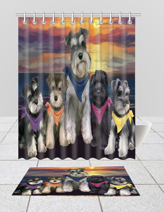 Family Sunset Portrait Schnauzer Dogs Bath Mat and Shower Curtain Combo
