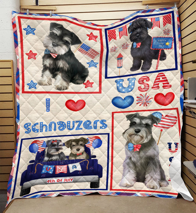 4th of July Independence Day I Love USA Schnauzer Dogs Quilt Bed Coverlet Bedspread - Pets Comforter Unique One-side Animal Printing - Soft Lightweight Durable Washable Polyester Quilt