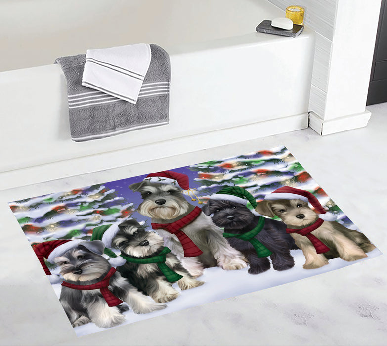 Schnauzer Dogs Christmas Family Portrait in Holiday Scenic Background Bath Mat