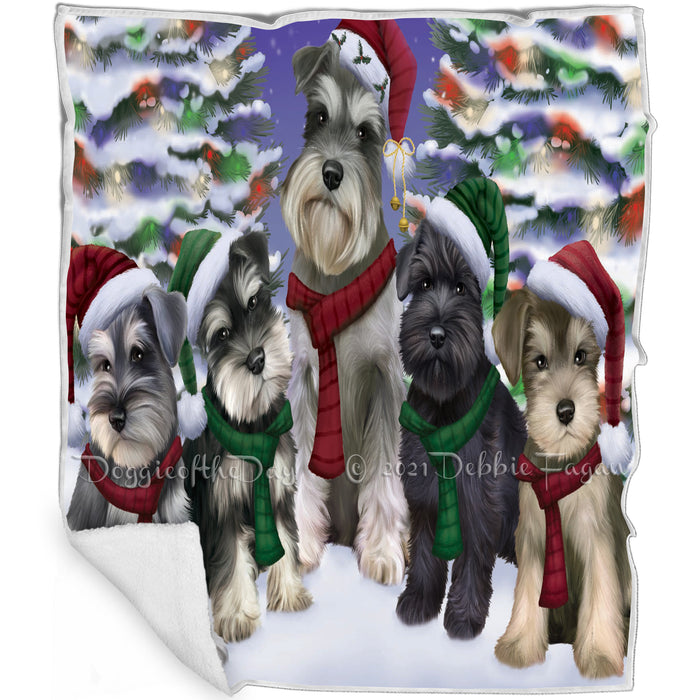 Schnauzers Dog Christmas Family Portrait in Holiday Scenic Background Art Portrait Print Woven Throw Sherpa Plush Fleece Blanket