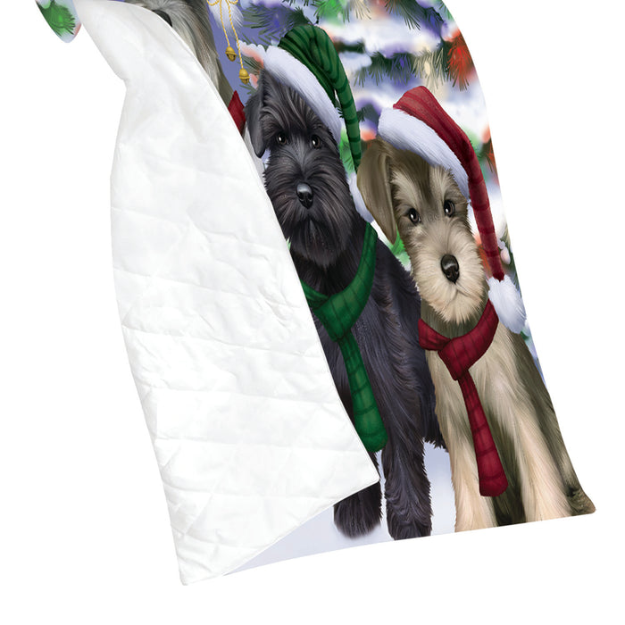 Schnauzer Dogs Christmas Family Portrait in Holiday Scenic Background Quilt