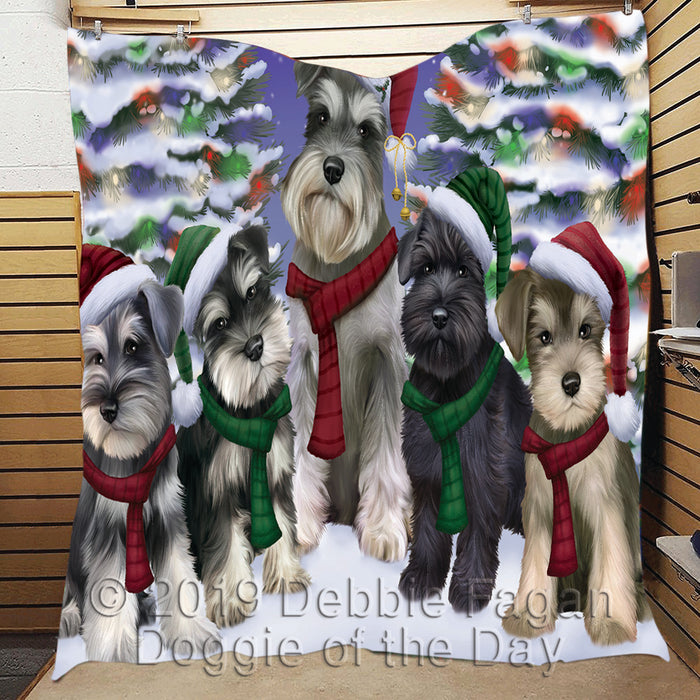 Schnauzer Dogs Christmas Family Portrait in Holiday Scenic Background Quilt
