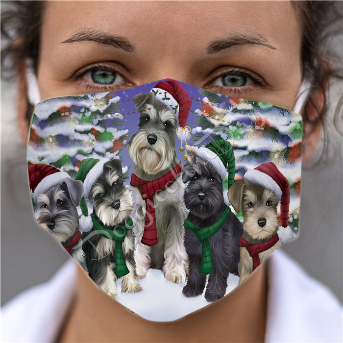 Schnauzer Dogs Christmas Family Portrait in Holiday Scenic Background Face Mask FM48373