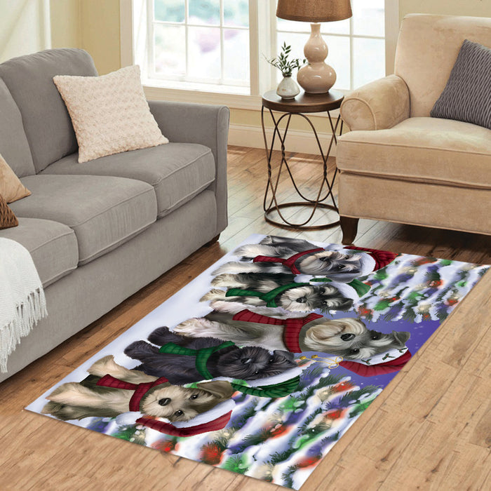 Schnauzer Dogs Christmas Family Portrait in Holiday Scenic Background Area Rug