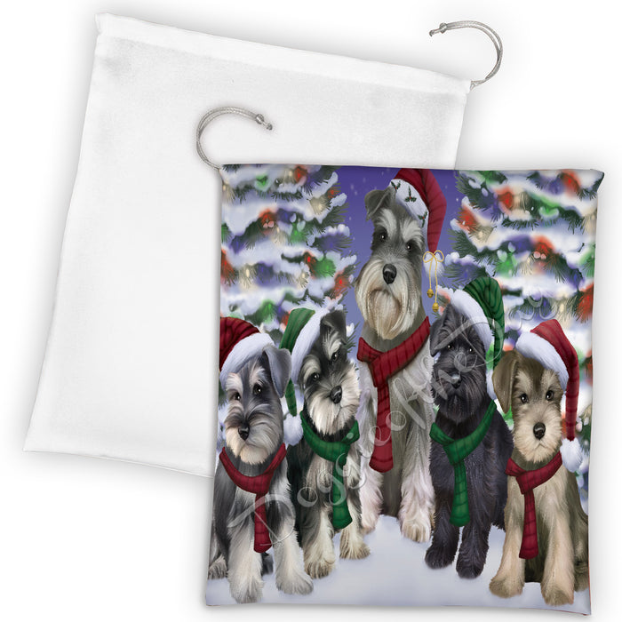 Schnauzer Dogs Christmas Family Portrait in Holiday Scenic Background Drawstring Laundry or Gift Bag LGB48171