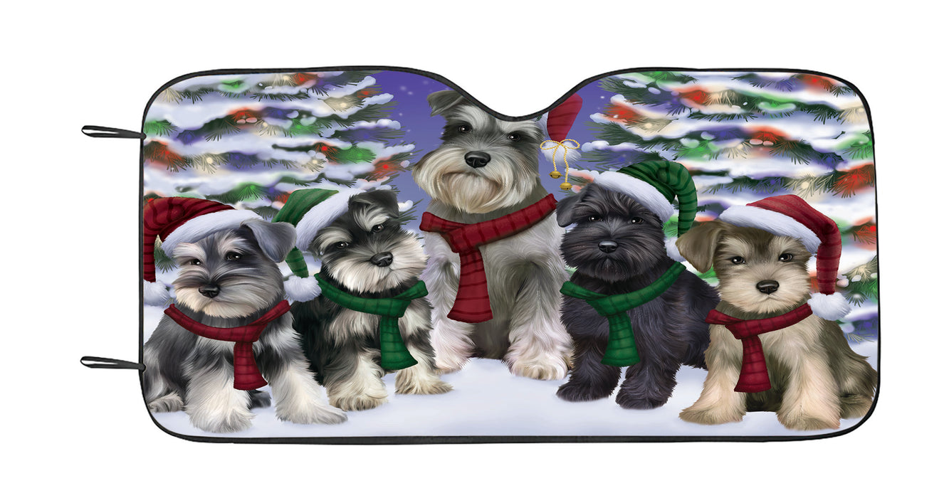 Schnauzer Dogs Christmas Family Portrait in Holiday Scenic Background Car Sun Shade