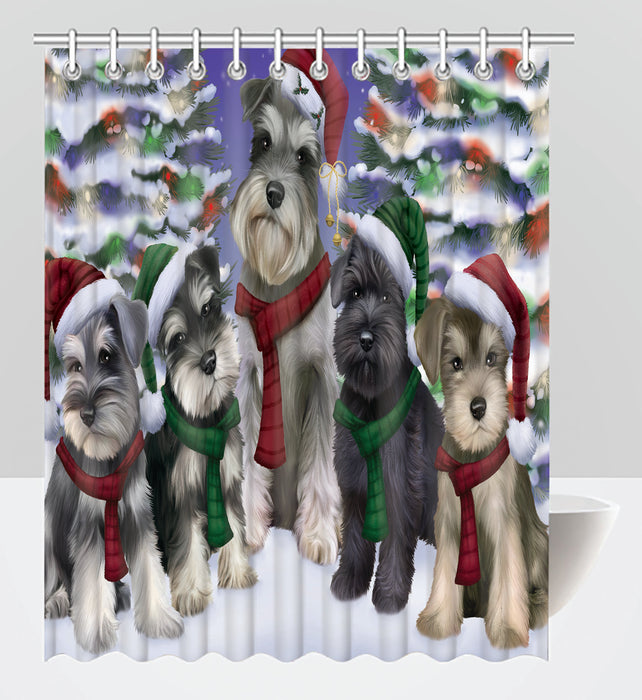 Schnauzer Dogs Christmas Family Portrait in Holiday Scenic Background Shower Curtain