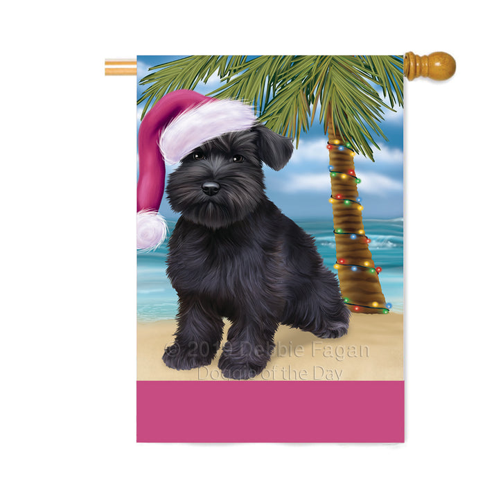 Personalized Summertime Happy Holidays Christmas Schnauzer Dog on Tropical Island Beach Custom House Flag FLG-DOTD-A60585