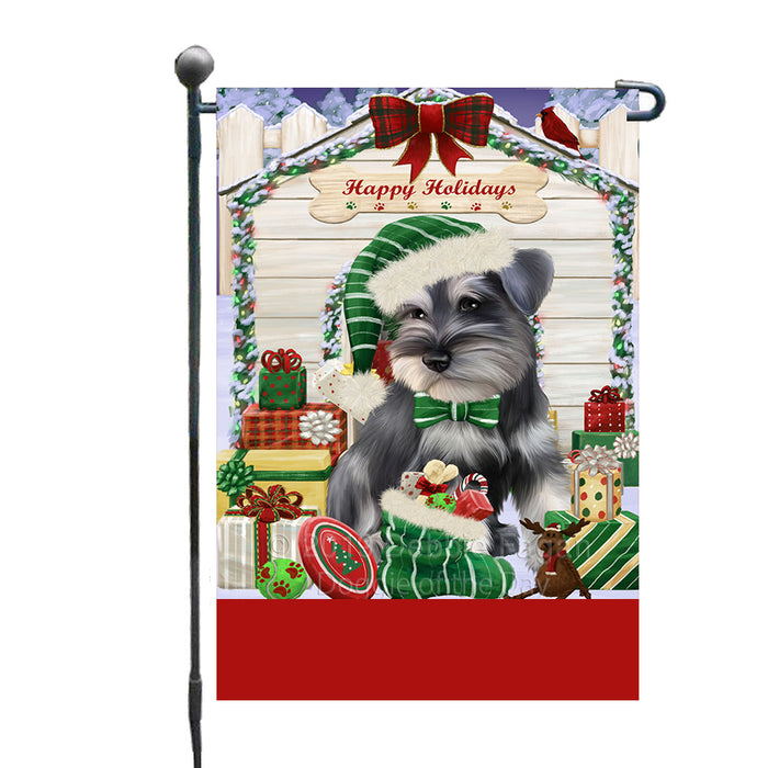 Personalized Happy Holidays Christmas Schnauzer Dog House with Presents Custom Garden Flags GFLG-DOTD-A59367