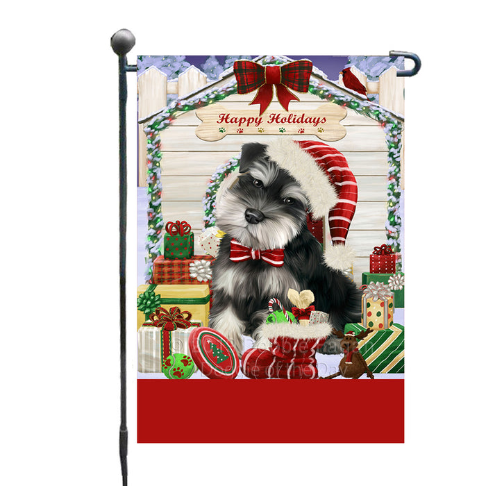 Personalized Happy Holidays Christmas Schnauzer Dog House with Presents Custom Garden Flags GFLG-DOTD-A59369