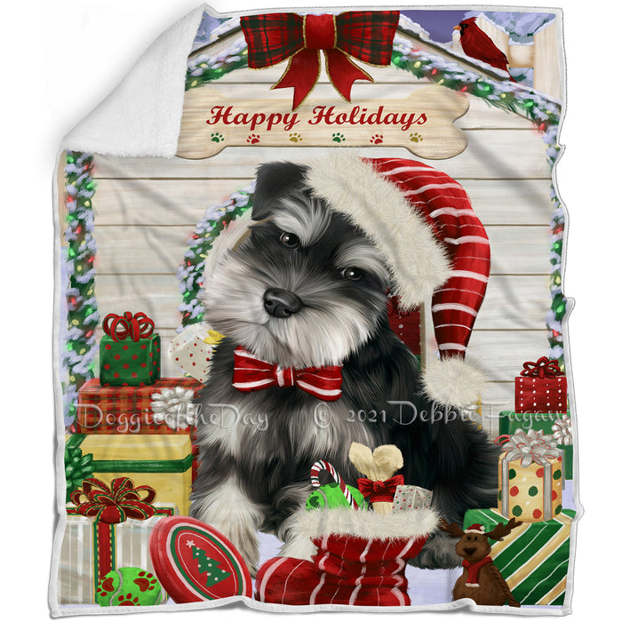 Happy Holidays Christmas Schnauzer House with Presents Blanket BLNKT142136