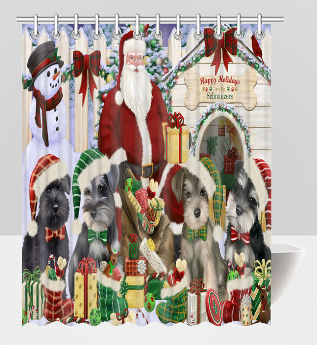 Happy Holidays Christmas Schnauzer Dogs House Gathering Shower Curtain