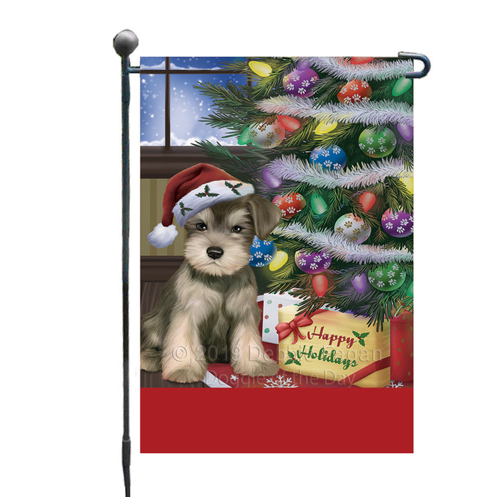 Personalized Christmas Happy Holidays Schnauzer Dog with Tree and Presents Custom Garden Flags GFLG-DOTD-A58663