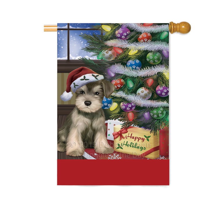 Personalized Christmas Happy Holidays Schnauzer Dog with Tree and Presents Custom House Flag FLG-DOTD-A58719