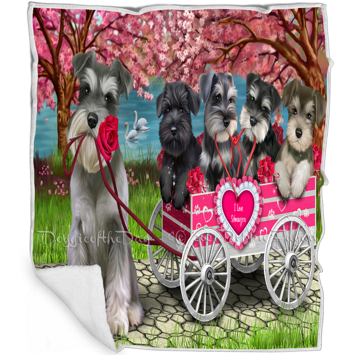 I Love Schnauzer Dogs in a Cart Art Portrait Print Woven Throw Sherpa Plush Fleece Blanket