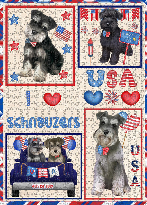 4th of July Independence Day I Love USA Schnauzer Dogs Portrait Jigsaw Puzzle for Adults Animal Interlocking Puzzle Game Unique Gift for Dog Lover's with Metal Tin Box