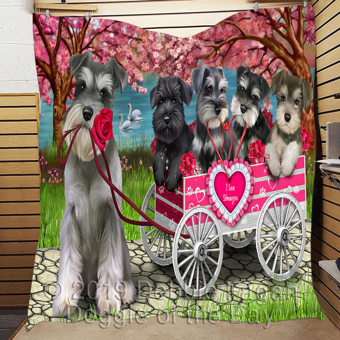 I Love Schnauzer Dogs in a Cart Quilt