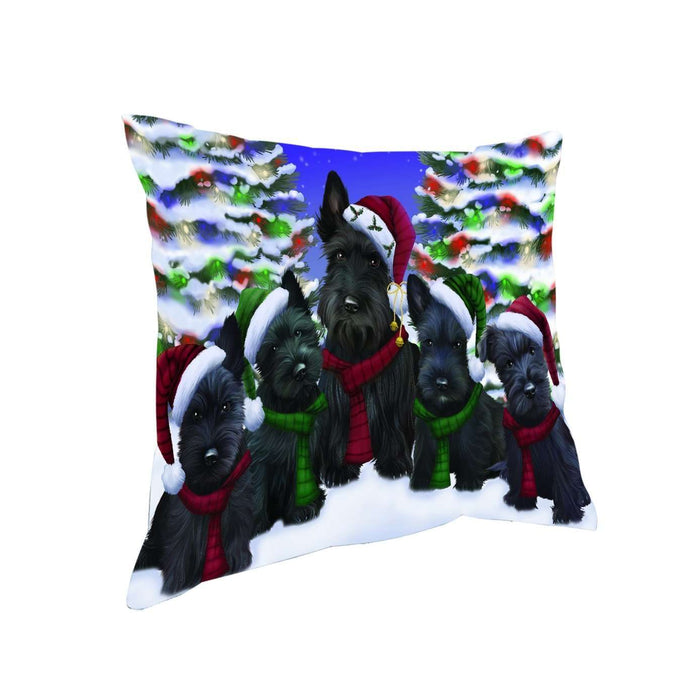 Scottish Terrier Dog Christmas Family Portrait in Holiday Scenic Background Throw Pillow