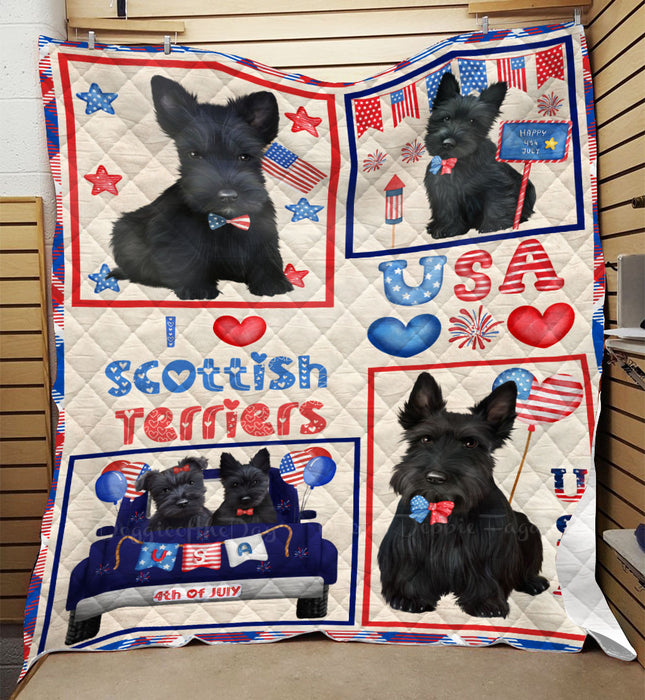 4th of July Independence Day I Love USA Scottish Terrier Dogs Quilt Bed Coverlet Bedspread - Pets Comforter Unique One-side Animal Printing - Soft Lightweight Durable Washable Polyester Quilt