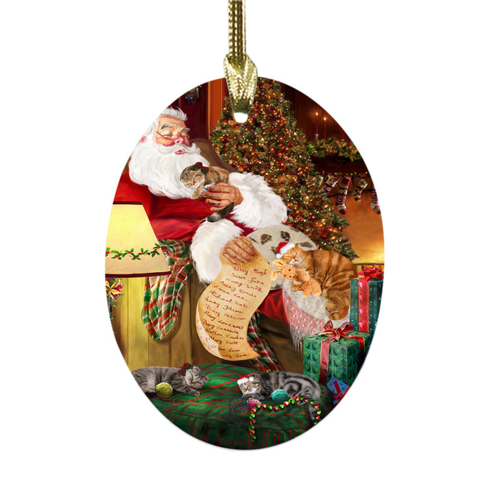 Scottish Fold Cats and Kittens Sleeping with Santa Oval Glass Christmas Ornament OGOR49316