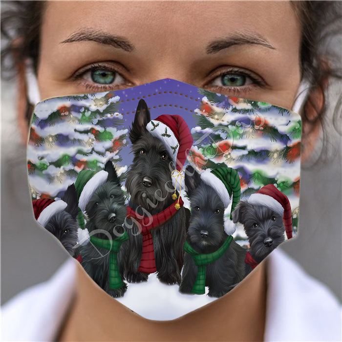 Scottish Terrier Dogs Christmas Family Portrait in Holiday Scenic Background Face Mask FM48374