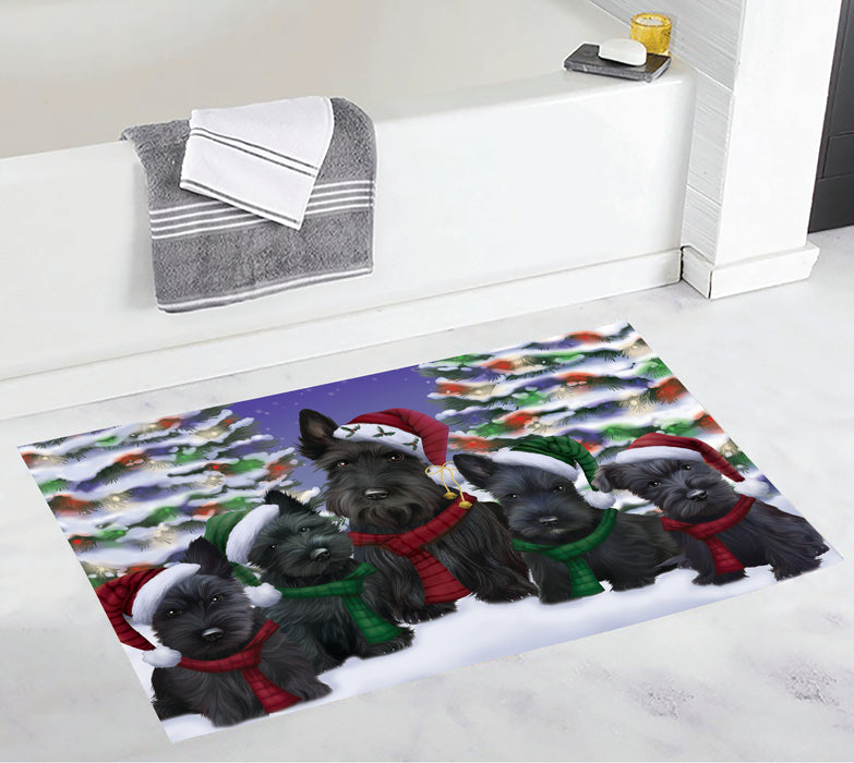 Scottish Terrier Dogs Christmas Family Portrait in Holiday Scenic Background Bath Mat