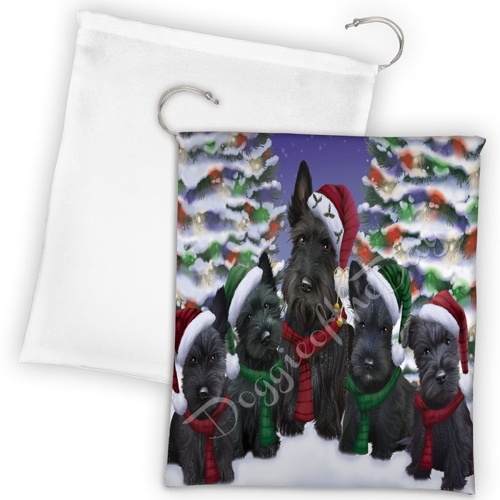 Scottish Terrier Dogs Christmas Family Portrait in Holiday Scenic Background Drawstring Laundry or Gift Bag LGB48172